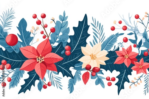 Charming winter foliage and botanical arrangement for festive celebrations with holly, mistletoe, poinsettias, evergreen branches, and berries in a seasonal background design photo