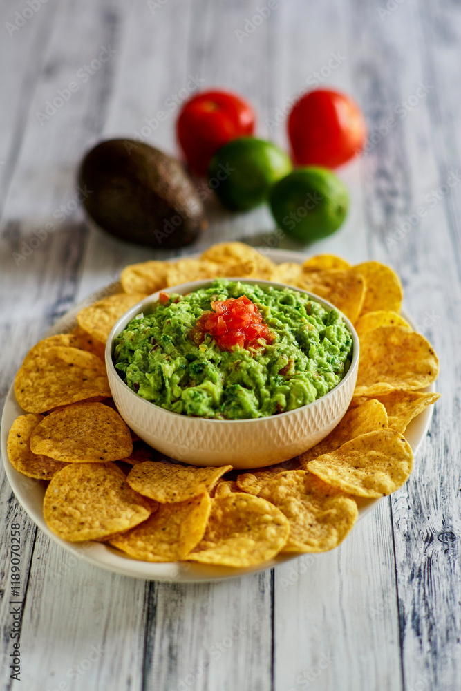 fresh guacamole topped with tomato salsa served with tortilla strips, on a white platter fresh guacamole topped with tomato salsa served with tortilla strips, on a white platter