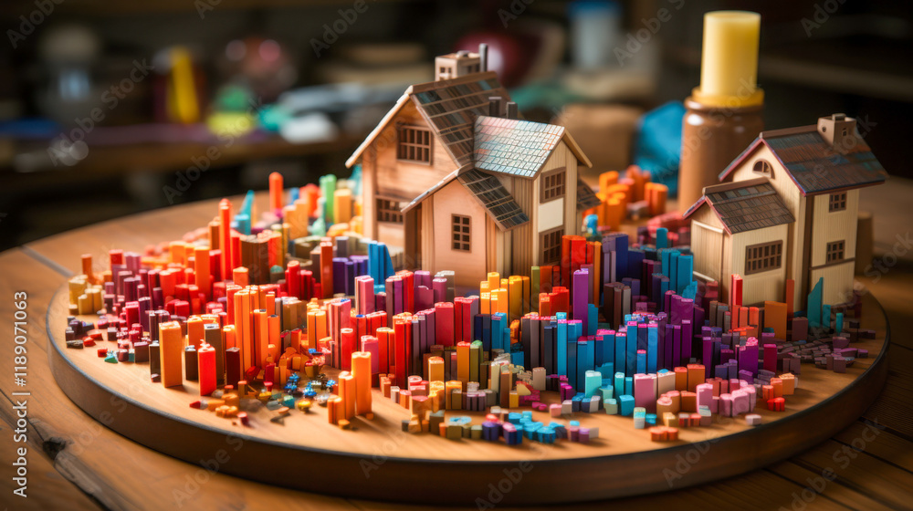 Colorful miniature houses surrounded by vibrant data visualization elements in a creative workspace Colorful miniature houses surrounded by vibrant data visualization elements in a creative workspace