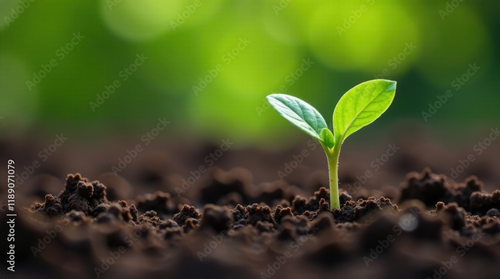 A tiny sprout emerges from dark earth, reaching towards sunlight and a vibrant green background. A tiny sprout emerges from dark earth, reaching towards sunlight and a vibrant green background.