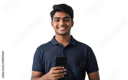 Smiling young Indian man in a navy blue polo shirt holding a black smartphone and looking directly at the camera. The white background highlights a modern and approachable vibe.

 photo