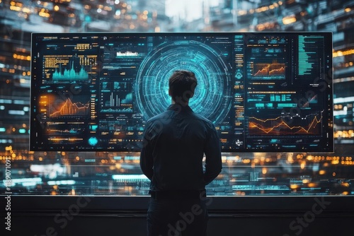 innovative business concept showing professional man analyzing data on giant digital screen with modern technology elements