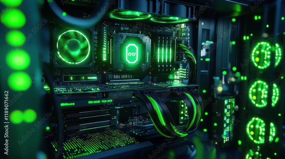 Illuminated green PC components, motherboard, CPU cooler, RAM, fans, cables. Illuminated green PC components, motherboard, CPU cooler, RAM, fans, cables.