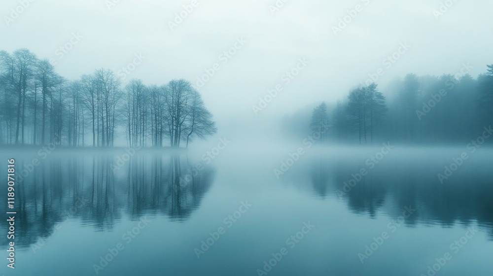 Misty lake, trees reflected, tranquil scene, serene nature, calming background Misty lake, trees reflected, tranquil scene, serene nature, calming background