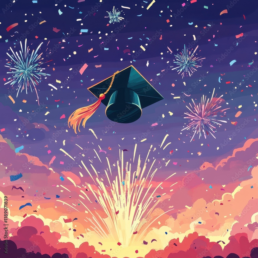Naklejka premium Graduation Cap Soars Amidst Festive Fireworks and Confetti