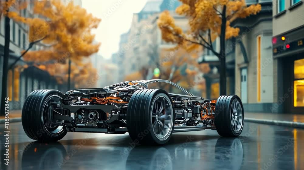 A futuristic car chassis displayed on a rainy street with autumn foliage. A futuristic car chassis displayed on a rainy street with autumn foliage.