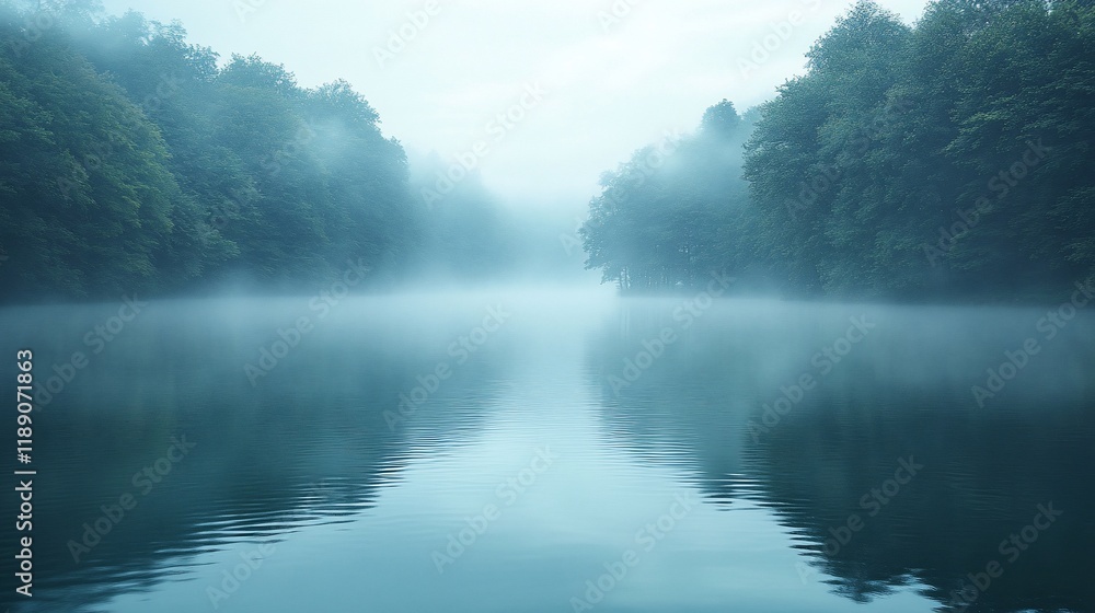 Misty lake, forest reflection, tranquil scene, serene nature Misty lake, forest reflection, tranquil scene, serene nature