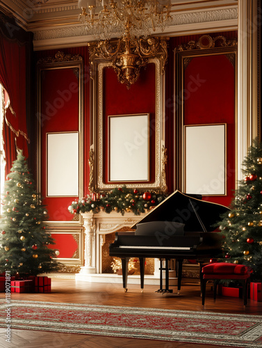 Luxurious holiday-themed room featuring a black grand piano, festive Christmas trees, red walls, ornate decor, and wrapped gifts.

