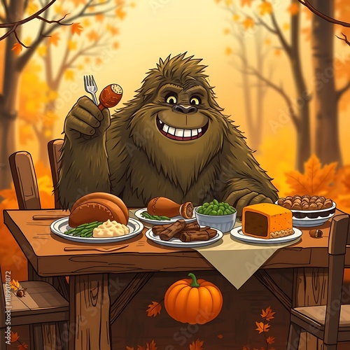 Bigfoot enjoys a Thanksgiving feast.