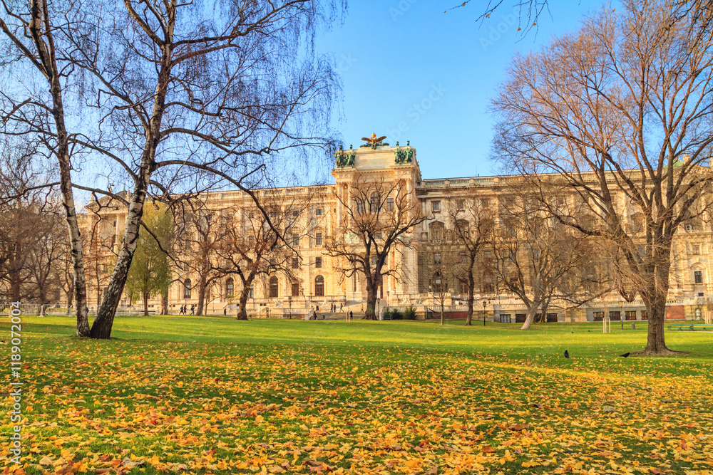 City landscape - view of the Burggarten park and Neue Burg (New castle) of Hofburg in the city of Vienna, Austria