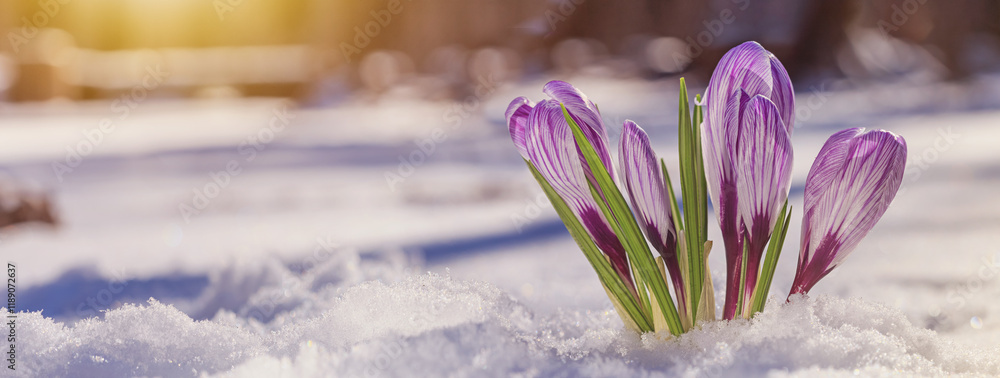 Crocuses - blooming purple flowers making their way from under the snow in early spring, closeup with space for text, banner