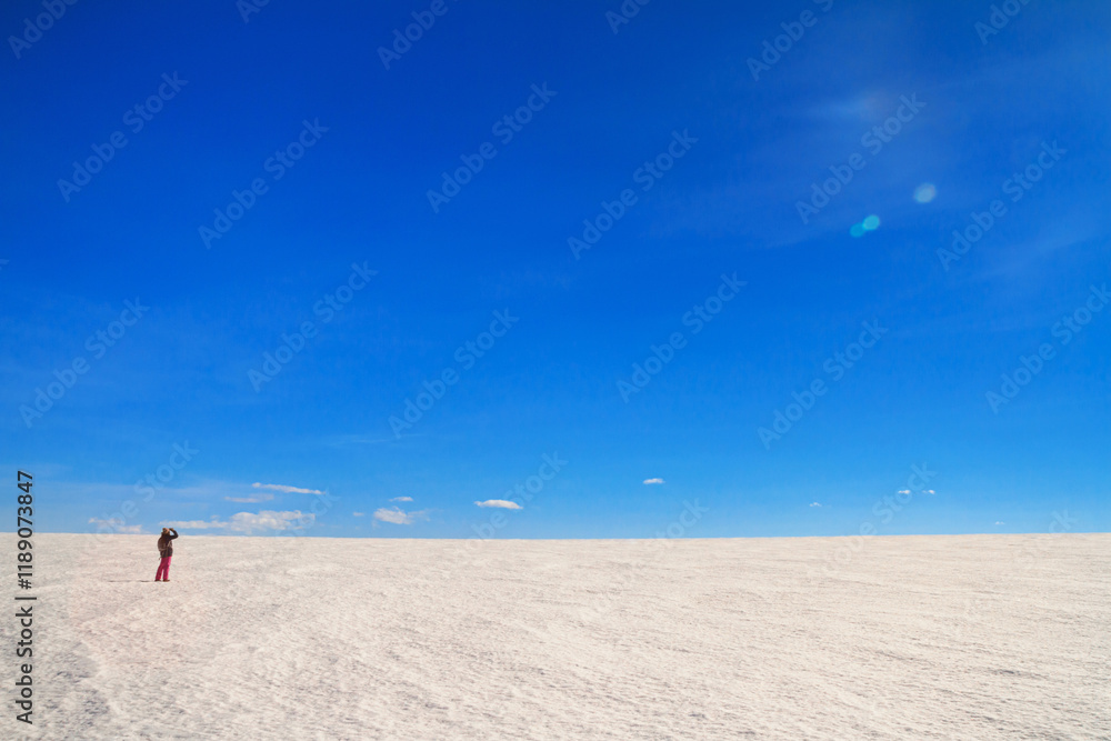 Arctic winter landscape, panorama, banner - view of a snowy desert field and girl looking at the sky in the rays of the winter sun