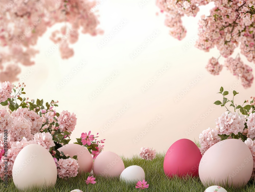 Fototapeta premium Colorful Easter eggs amidst blooming cherry blossoms in spring.