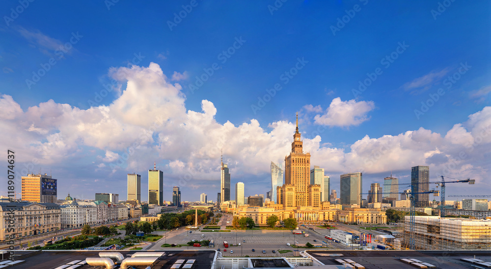 Morning cityscape - view of the business center of Warsaw with skyscrapers and the Palace of Culture and Science. Poland