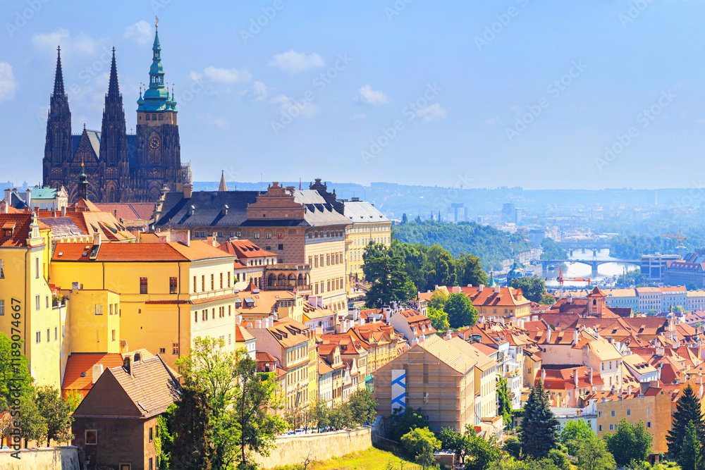 Summer cityscape - view of the Hradcany historical district of Prague and castle complex Prague Castle, Czech Republic