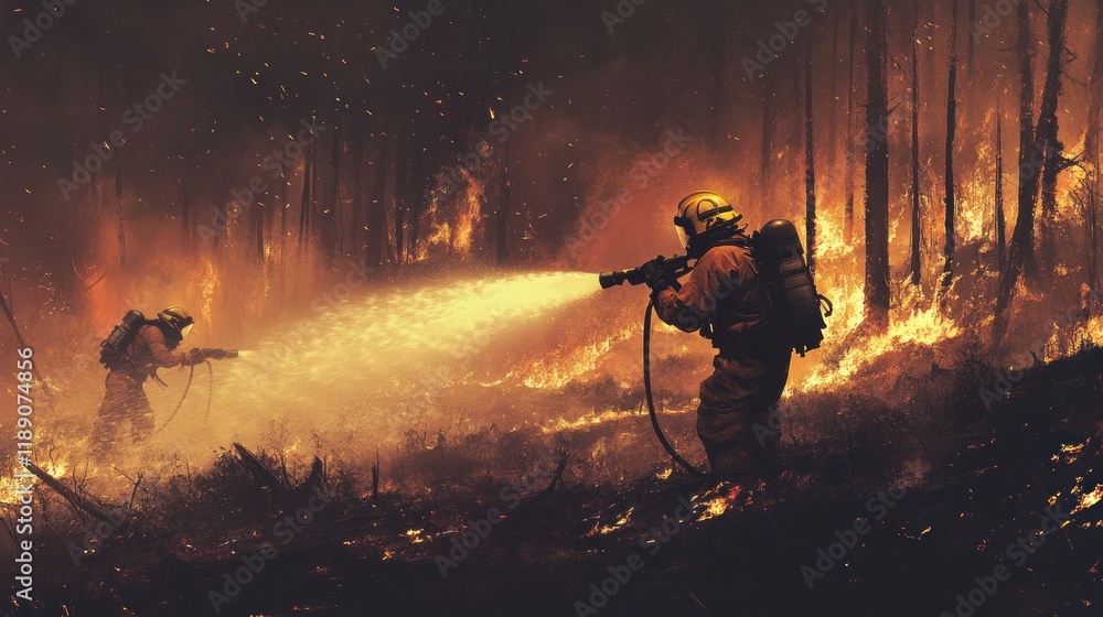 Silhouetted Firefighters Fighting a Forest Wildfire with Hoses Silhouetted Firefighters Fighting a Forest Wildfire with Hoses
