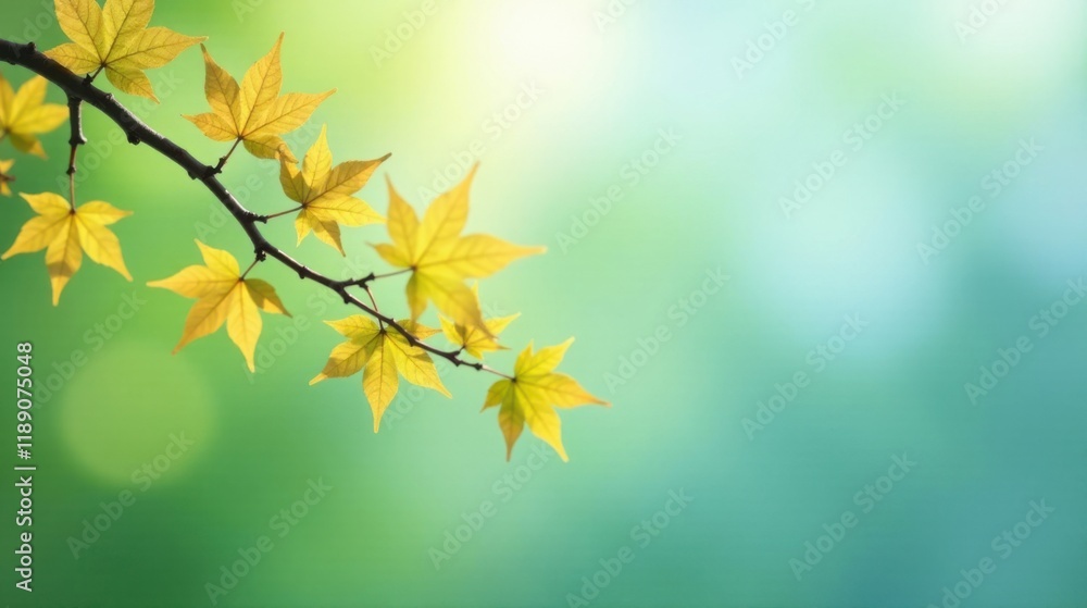 Serene autumn branch with vibrant yellow leaves against a soft, blurred green and teal backdrop Serene autumn branch with vibrant yellow leaves against a soft, blurred green and teal backdrop