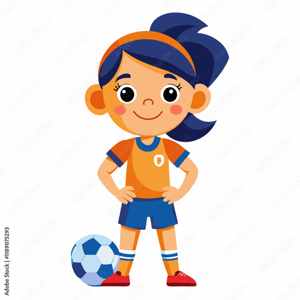 Cute Cartoon Girl Soccer Player – Pigtails, Blue Hat, and Energetic Playful Pose Cute Cartoon Girl Soccer Player – Pigtails, Blue Hat, and Energetic Playful Pose