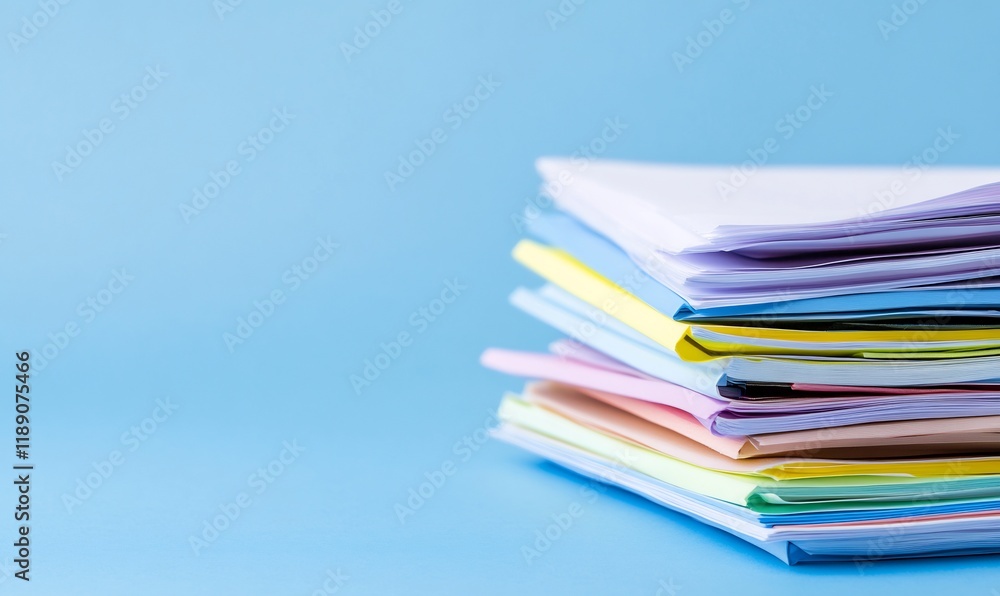 Stack of Colorful Documents Against a Blue Background - Office Organization and Filing Stack of Colorful Documents Against a Blue Background - Office Organization and Filing