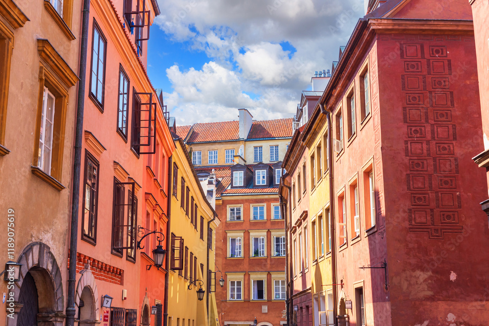 Cityscape - view of narrow streets with colorful old houses in the Old Town of Warsaw, Poland