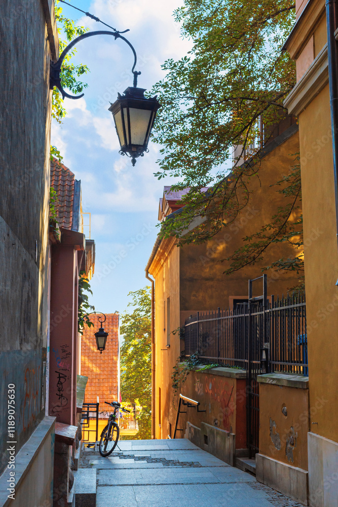 Cityscape - view of narrow streets with old houses in the Old Town of Warsaw, Poland