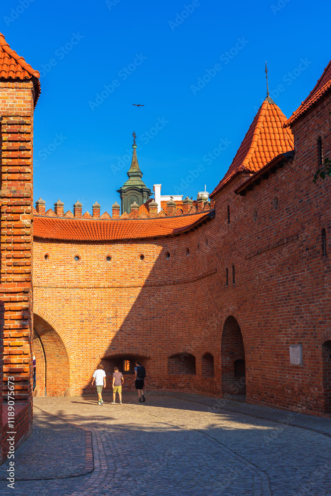 Cityscape - view of the courtyard of the medieval fortification building the Warsaw Barbican, in Warsaw, Poland