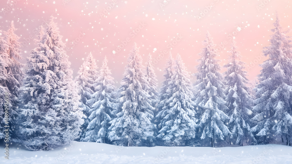 Fototapeta premium Snow-covered pine trees create a stunning winter panorama on a frosty evening.