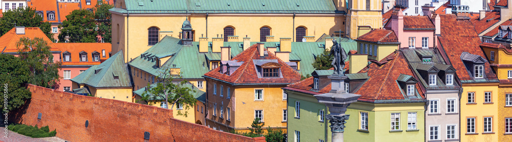 Cityscape, panorama, banner - top view of the Old Town with Sigismund's Column, the district of Srodmiescie in the center Warsaw, Poland