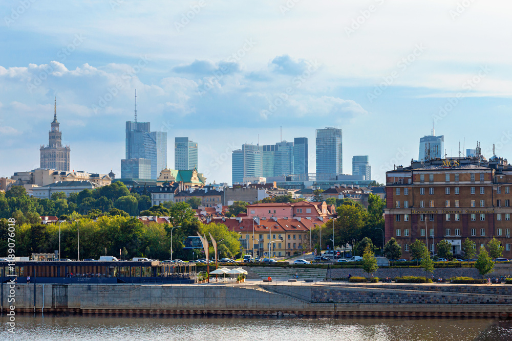 Cityscape - view of the district of Srodmiescie in the center Warsaw, view from the Vistula River, Poland