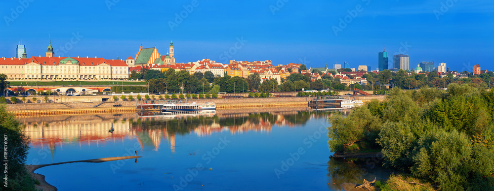 Cityscape, panorama, banner - view of the district of Srodmiescie with the Old Town in the center Warsaw from the Vistula River, Poland