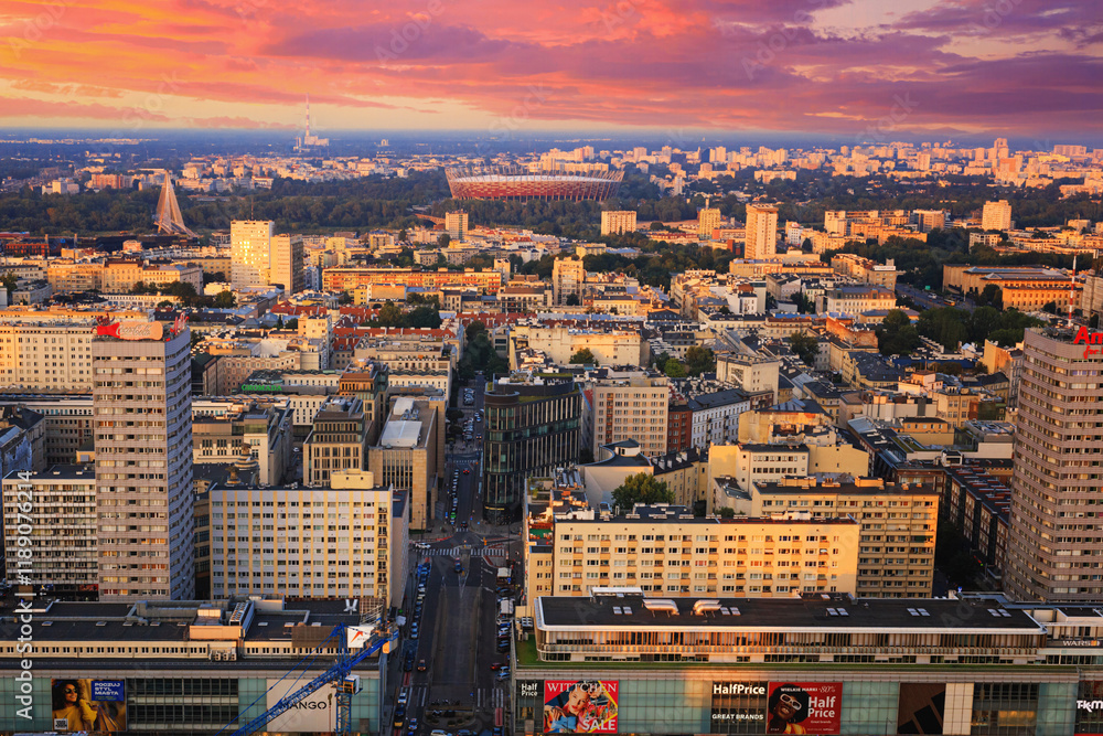 Cityscape at sunset - top view of central Warsaw, the municipal neighbourhood of Centrum, located within the Srodmiescie district in Warsaw, Poland