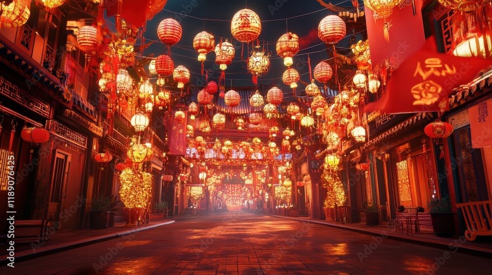 3D AI-generated Chinese New Year street scene filled with lanterns, red banners, and intricate gold decorations. 3D AI-generated Chinese New Year street scene filled with lanterns, red banners, and intricate gold decorations.
