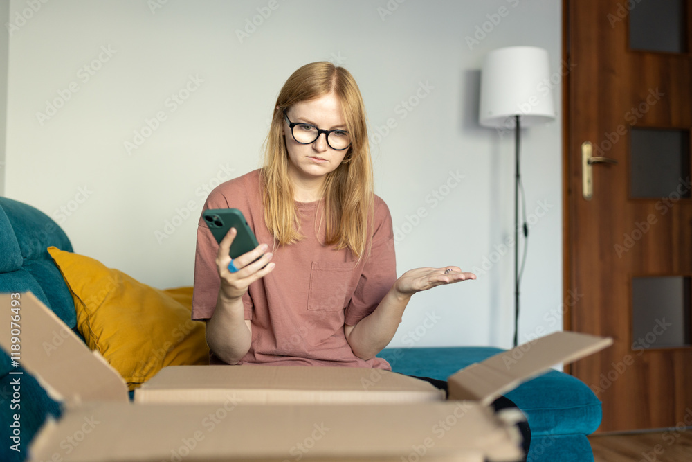 Unhappy young blonde woman frustrated by wrong order shopping online using smartphone. Upset female buyer unbox parcel buying on web confused with bad delivery service. Shipping concept