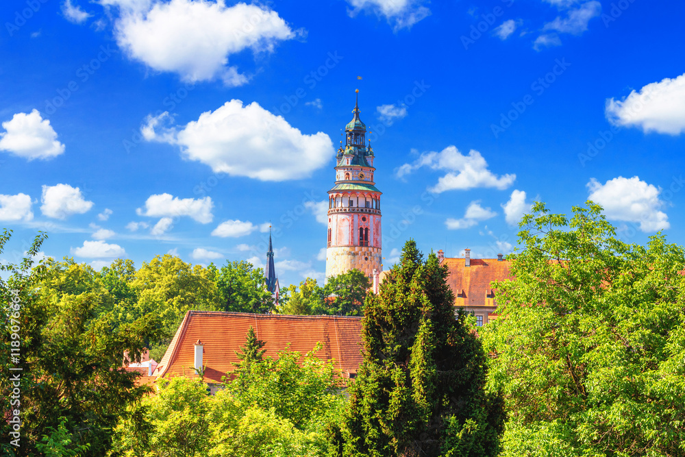 Summer cityscape - view of the Castle Tower on the territory of the Cesky Krumlov Castle, in the South Bohemian Region, Cesky Krumlov, Czech Republic