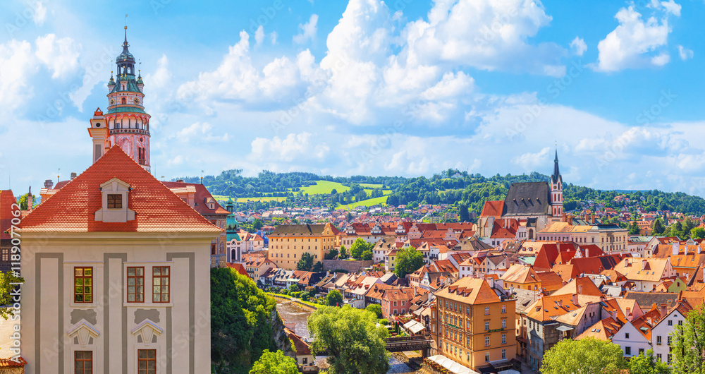 Summer cityscape, panorama, banner - top view of the Old Town of Cesky Krumlov, Czech Republic
