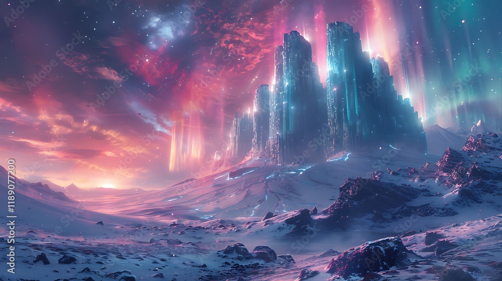 Naklejka premium A crystalline fortress surrounded by shimmering auroras and a vibrant alien sky.