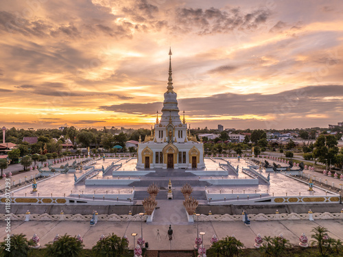 Beautiful sunset over Wat Saensuk Suthi Wararam in Chon Buri, Thailand, showcasing its stunning architecture and serene atmosphere