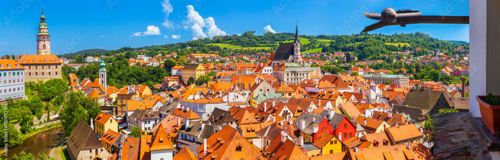 Summer cityscape, panorama, banner - top view of the Old Town of Cesky Krumlov, Czech Republic