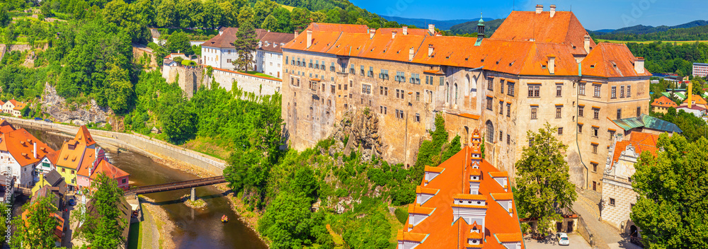 Summer cityscape, panorama, banner - view of the Cesky Krumlov Castle and the Vltava River in the historical center of Cesky Krumlov, Czech Republic