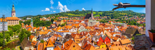 Summer cityscape, panorama, banner - top view of the Old Town of Cesky Krumlov, Czech Republic