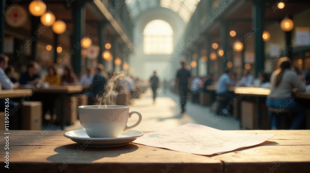Warm beverage steaming in a mug on a wooden table, a map rests nearby, with a bustling market hall softly blurred in the background. Warm beverage steaming in a mug on a wooden table, a map rests nearby, with a bustling market hall softly blurred in the background.