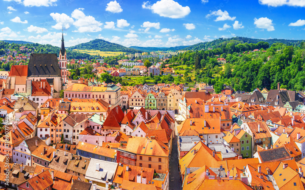 Summer cityscape - top view of the historic centre of Cesky Krumlov, Czech Republic