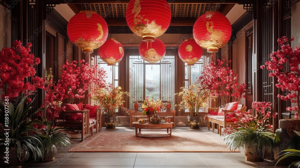 beautifully designed Chinese New Year home decorated with AI-generated red lanterns, gold dragon motifs, and intricate floral arrangements.