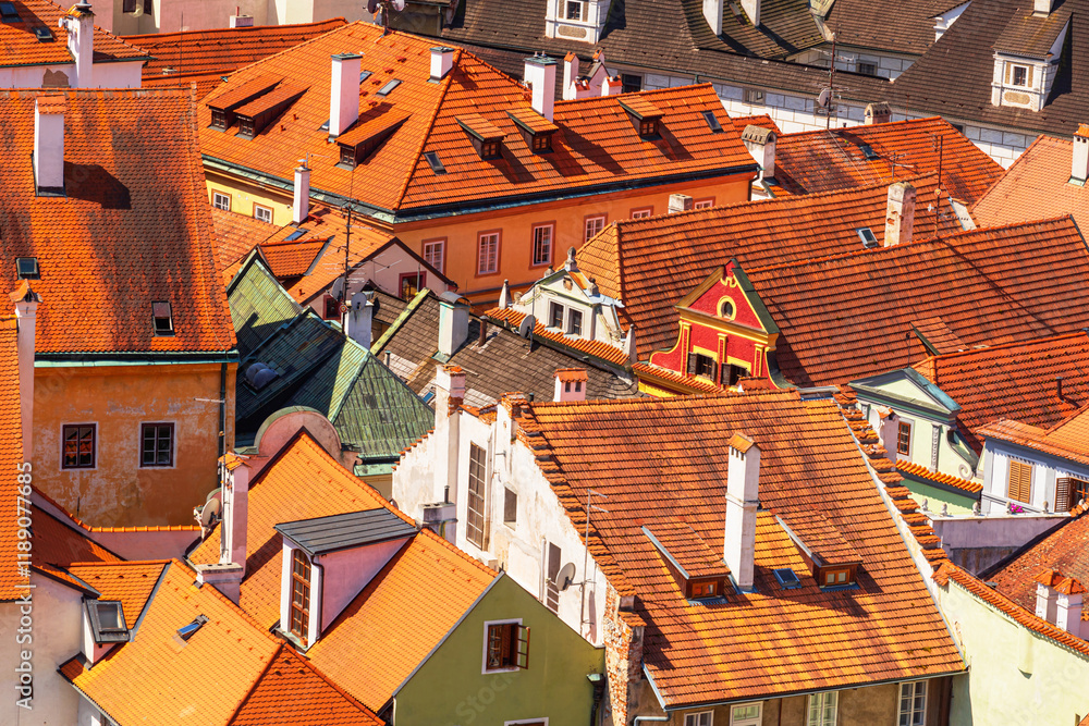 Summer cityscape - top view of the houses and streets in the historical center of Cesky Krumlov, Czech Republic