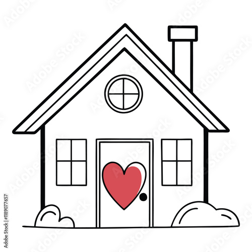 Cozy home with heart symbol on door for family and love-themed designs