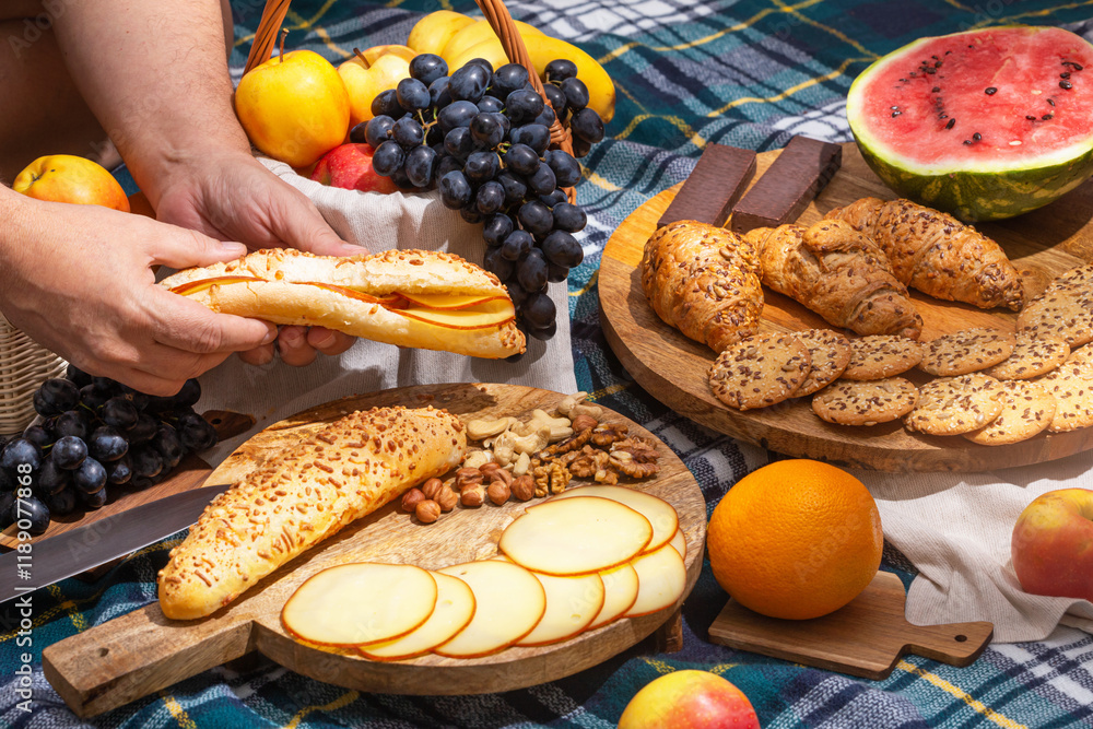 Close-up view of a picnic with food laid out and hands holding food, selective focus. The concept of summer outdoor recreation on the weekend
