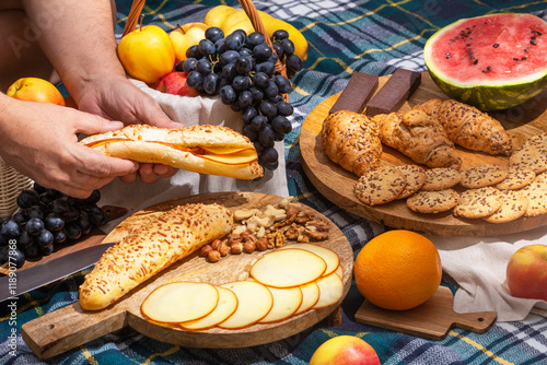 Obraz na płótnie Close-up view of a picnic with food laid out and hands holding food, selective focus. The concept of summer outdoor recreation on the weekend w salonie
