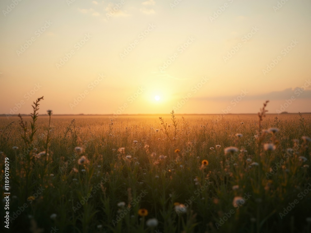 Obraz premium A serene sunrise over a misty meadow filled with wildflowers, creating a peaceful and picturesque landscape.