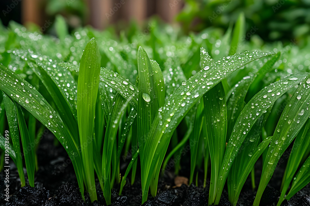 Fototapeta premium Dewdrops on Green Grass Blades Photo