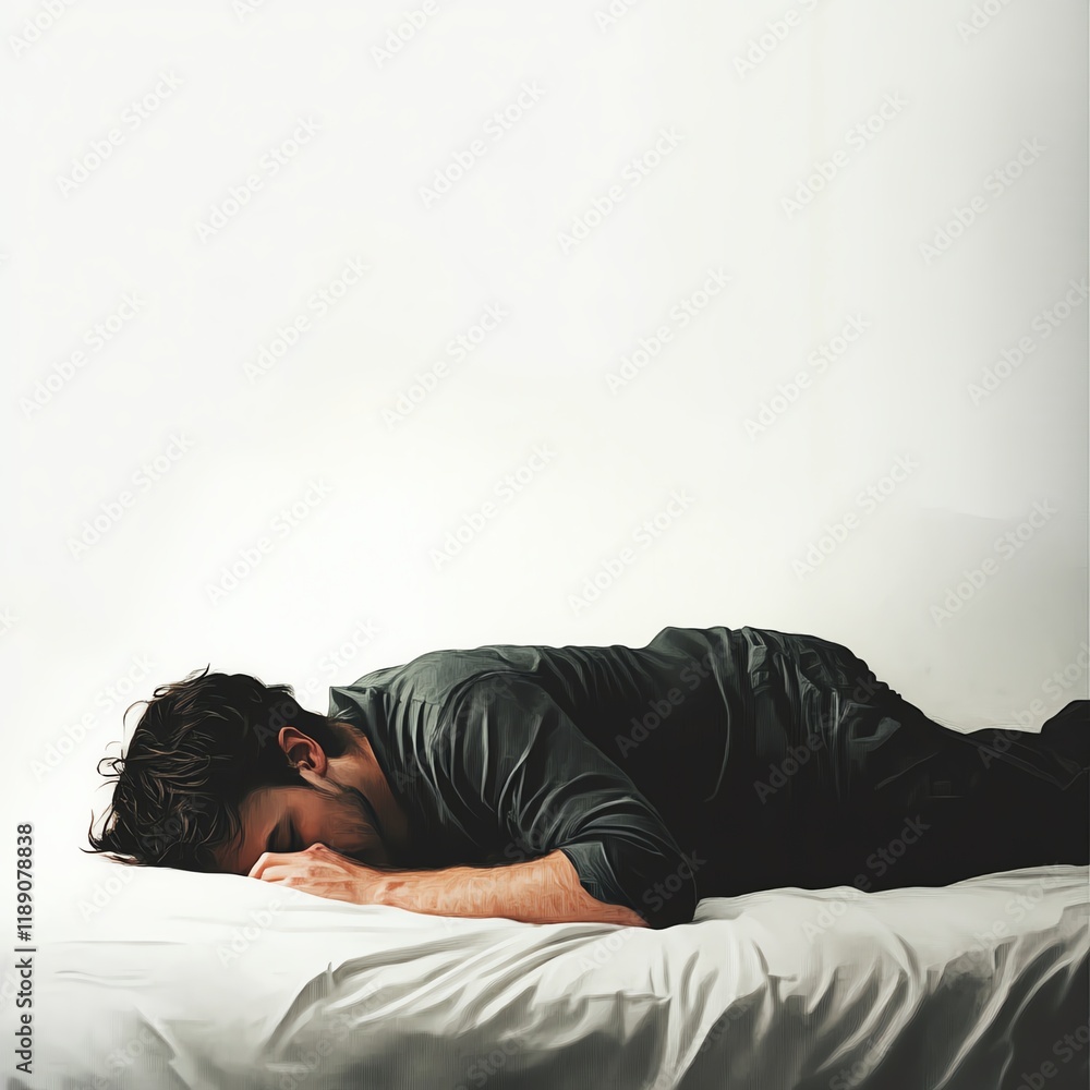 A man lying on a bed, reflecting deep thoughts in a tranquil setting. A man lying on a bed, reflecting deep thoughts in a tranquil setting.